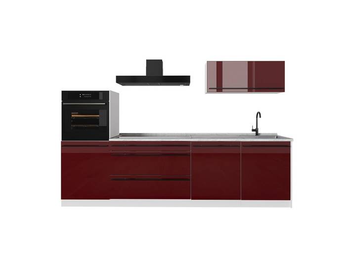 Vicco Küchenzeile R-Line, Rot Hochglanz/Weiß, 280 cm Arbeitsplatte Marmor