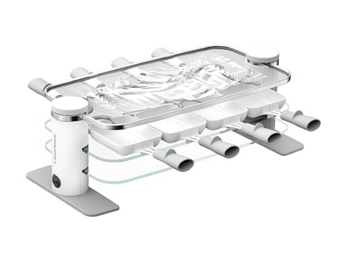 LAGRANGE Raclette-Gerät für 8 Personen, Keramik-Pfannen (Formel ohne PFAS), 1000 W, Glasplatten, abnehmbare obere Platte, integrierte Pfännchenablage, schlichtes Design, Ein-/Ausschalter, 079822