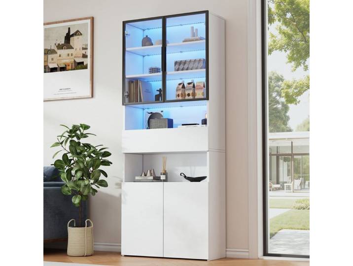 Vitrine haute blanche 70 x 30 x 200 cm avec portes vitrées tiroir rangement et LED