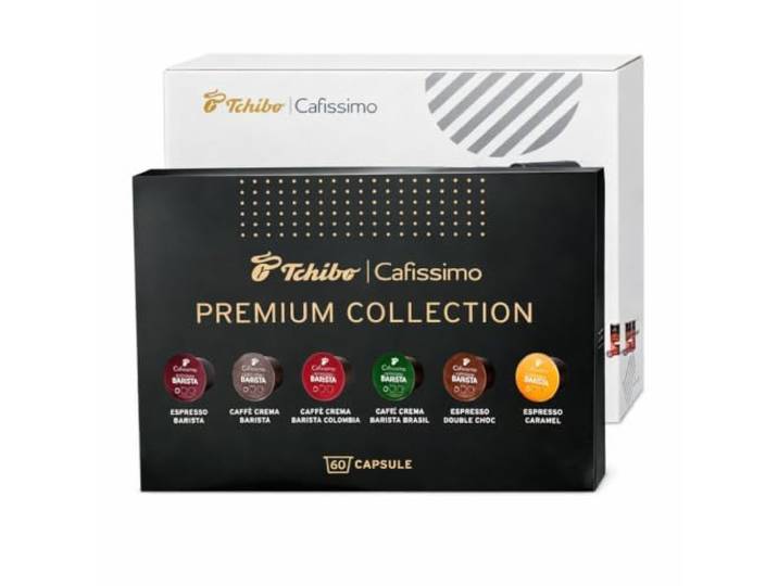 Tchibo CAFISSIMO Pure Plus Kaffeemaschine, Schwarz, 1250 W, 800 ml, mit 60 Kapseln der Premium-Kollektion, Espresso Barista, Caffè Crema, Kolumbia und Brasil, Espresso Caramel, Double Choc