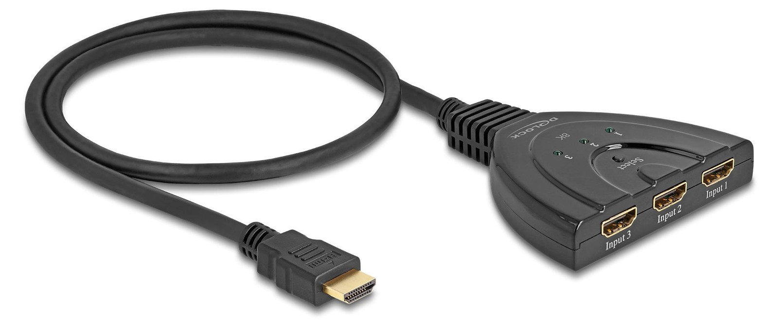 Delock HDMI-schakelaar met 3 HDMI-ingangen en 1 HDMI-uitgang, 8K 60 Hz, inclusief 60 cm geïntegreerde kabel