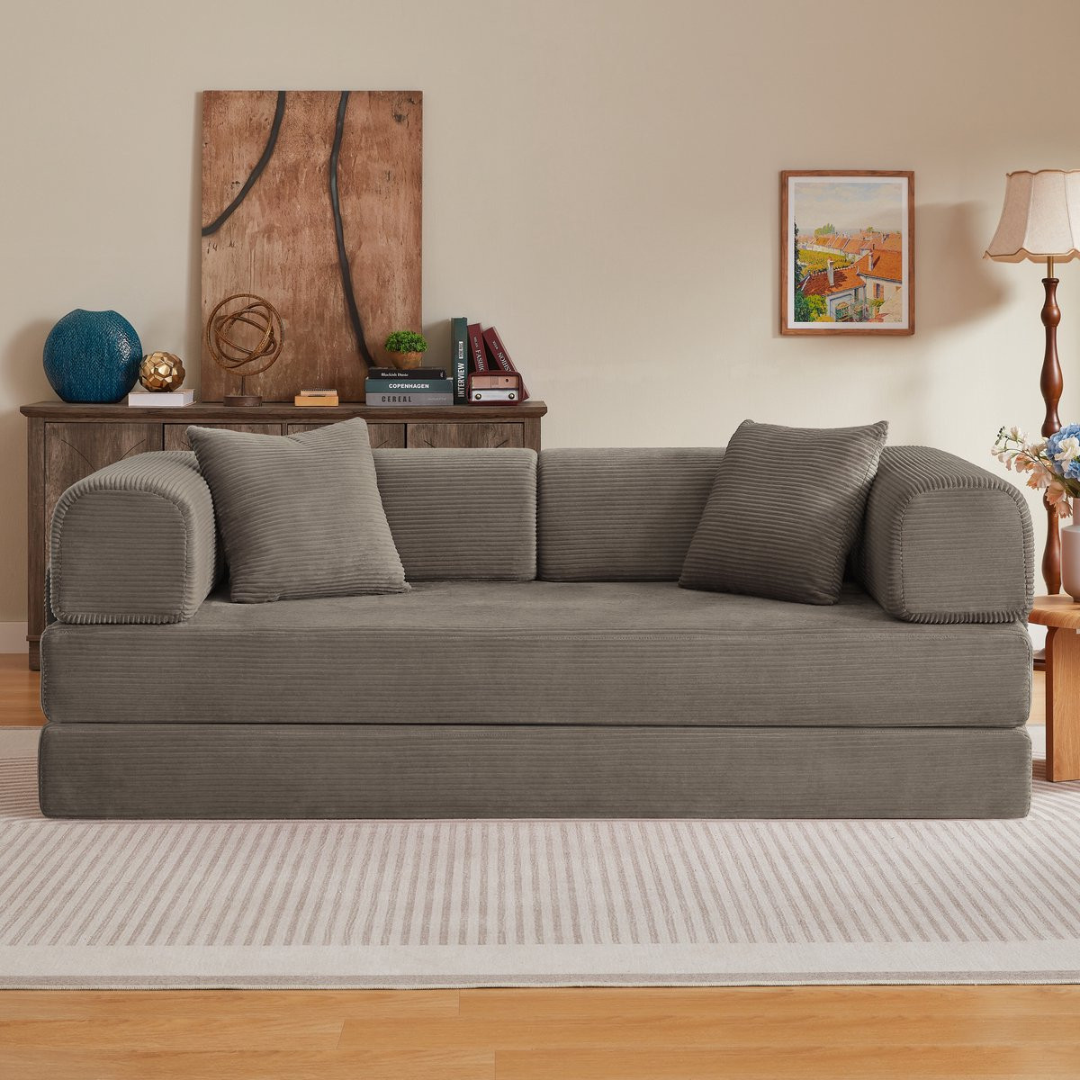 HAUSS SPOLE Slaapbank - 3-Zits Klapbare Bedbank met 2 Kussens - Corduroy Taupe