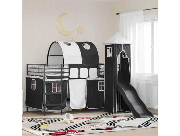 Metallrahmen mit Vorhängen Rutsche Turm Spiel Hochbett Schwarz 107 x 200 cm Kinderloftbett Schwarz 107x200 cm Metall Hochbett mit Rutsche Vorhang Turm Matratze
