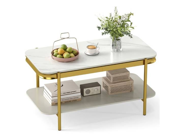Table Basse Rectangulaire à 2 Niveaux COSTWAY Cadre en Métal Plateau en Pierre Fritté Étagère de Rangement Table de Salon Blanc