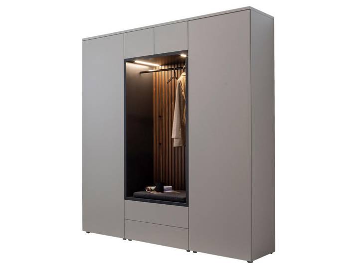 Moderano Garderobe, Anthrazit, Grau, Nussbaumfarben, Holz, 5-teilig, Nussbaum, furniert, 196x233x59 cm, Handmade in Germany, Garderobe, Garderoben-Sets & Garderoben-Serien, Garderoben-Sets