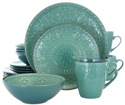 Elama Deep Ocean Mandala 16 Pc Round Stoneware Dinnerware Set in Green