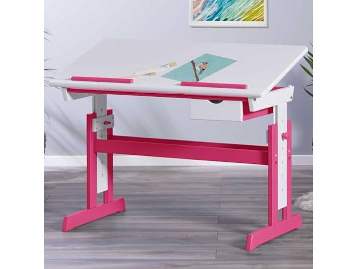 Inter Link – Höhenverstellbarer Schreibtisch – Kinderschreibtisch – Schülerschreibtisch – Neigungsverstellung – Buchhalterung – Massivholz weiß lackiert - Applikationen in Rosa - Rosa / Weiß