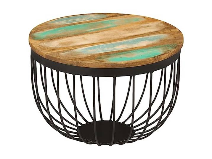 GHVBNMF Couchtisch Industrial Ø50x35 cm Massivholz Altholz Rustikaler Korbtisch fürs Wohnzimmer mit robuster Holzplatte aus wiederverwendetem Altholz und stabilen Stahlstreben.