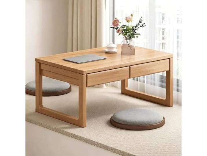 Japanischer Stil Boden Kleiner Teetisch, Tatami Kaffeetisch, mit Schubladen Klappbarer Couchtisch japanischerniedriger Altartisch für Meditation, Beistelltisch Tisch(Wood,80cm/31.4in)