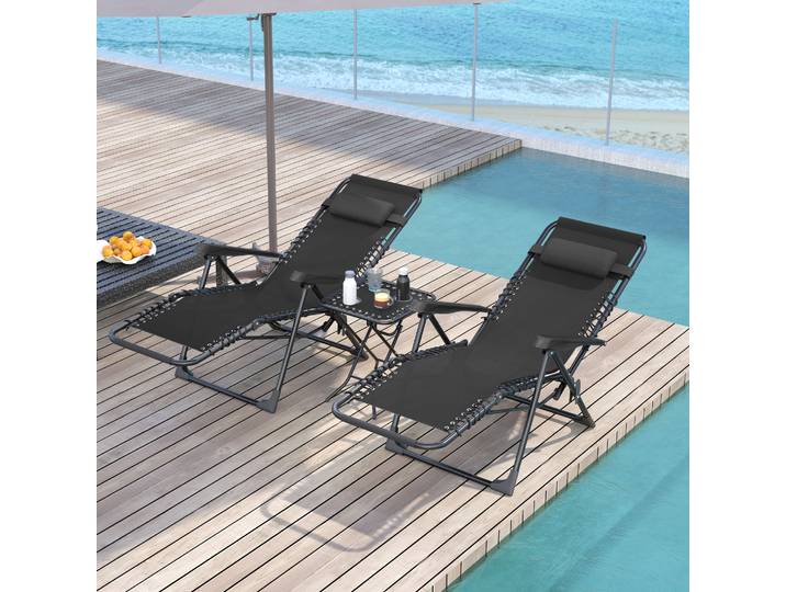 Outsunny Ensemble 3 Pièces Chaises Longues Extérieur Noir