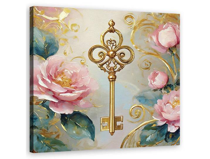 Feeby Wandbild schlüssel gold glamour rosen, Pink, Religion/Spiritualität, Rechteckig, 50x50 cm, Bilder & Rahmen, Bilder, Leinwandbilder