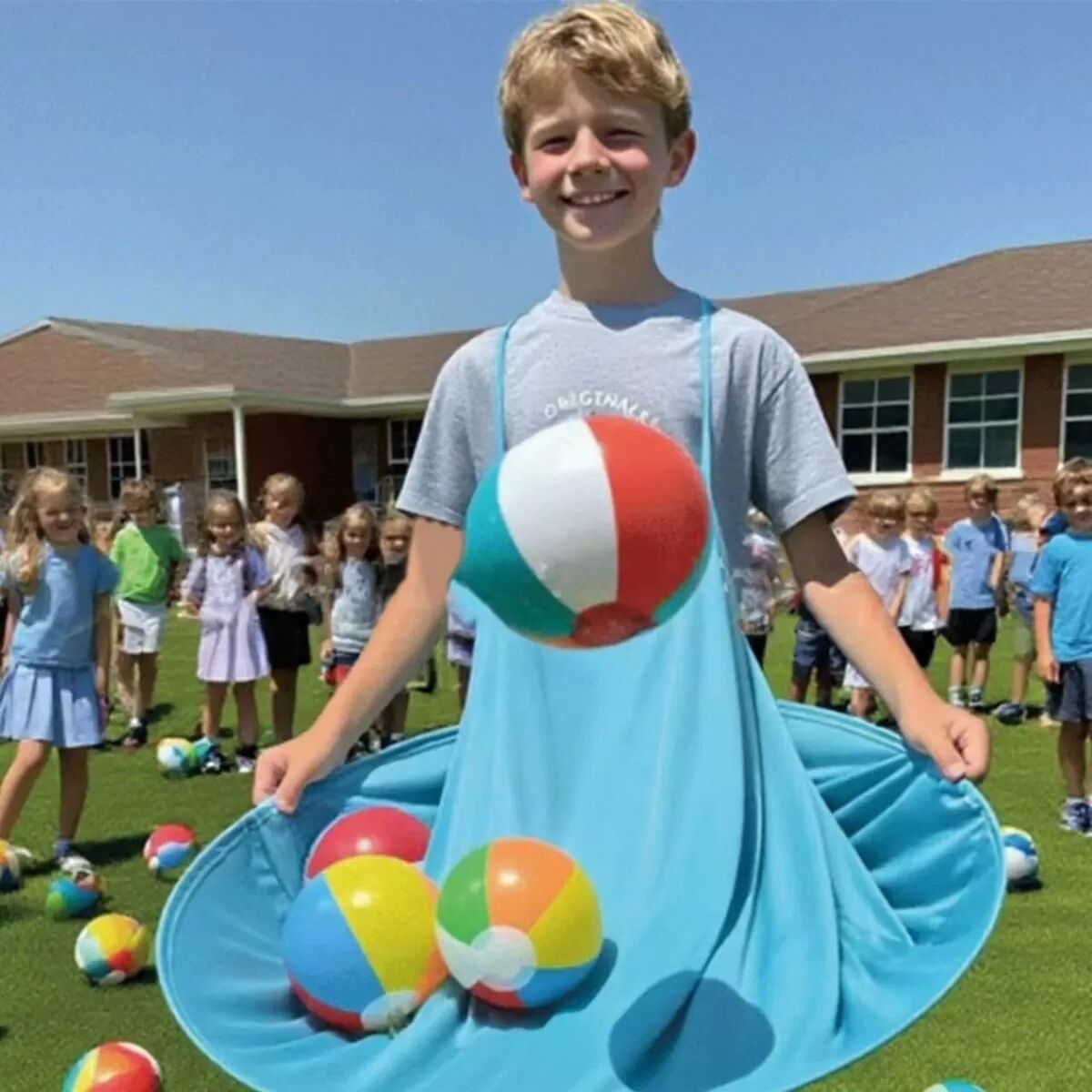 INF Spielkleid für Mütter – Tragbares Partykleid mit Bällen und Pumpe für Spielspaß im Freien und interaktive Gruppenspiele Blau