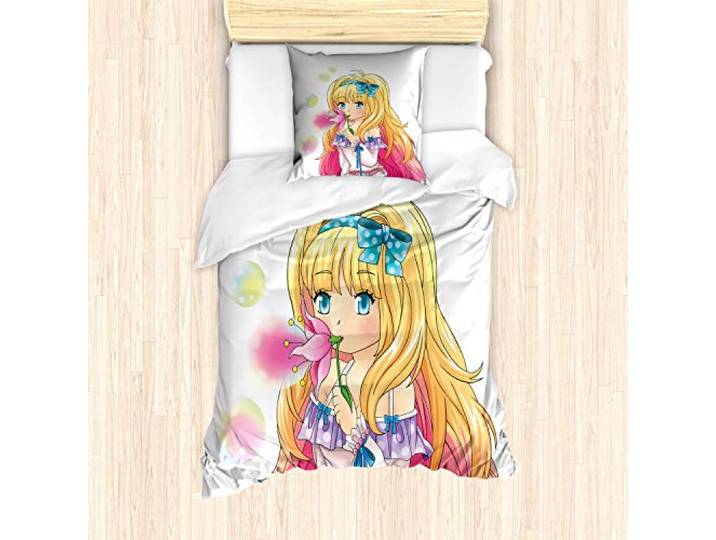 ABAKUHAUS Anime Bettbezug Set für Einzelbetten, Manga Cartoon-Grafik, Weicher Microfaserstoff Allegigeignet kein Verblassen,Gelb Rosa