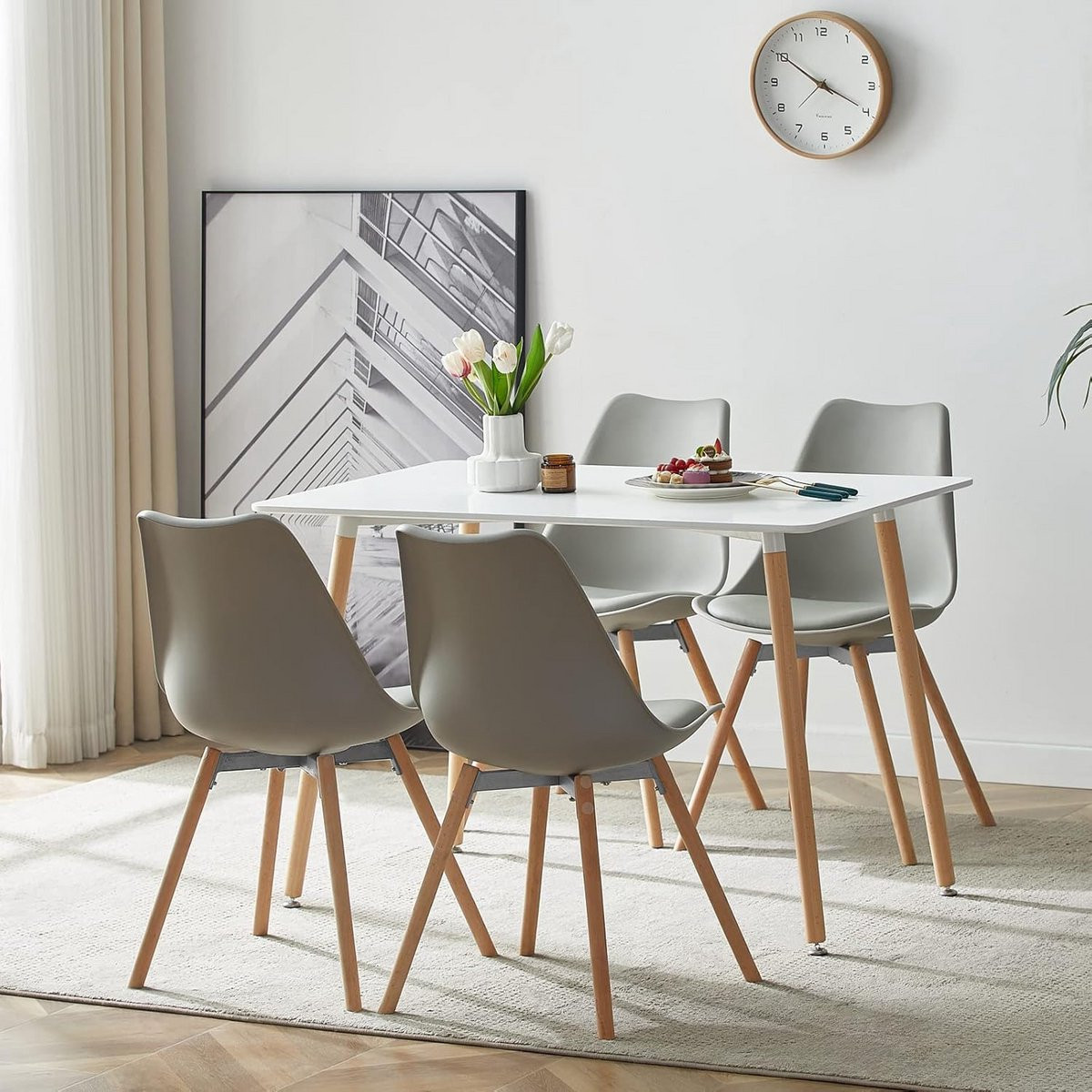 Eetkamergroep met eettafel en ergonomische stoelen, wit en grijs, Breedte: 110 cm