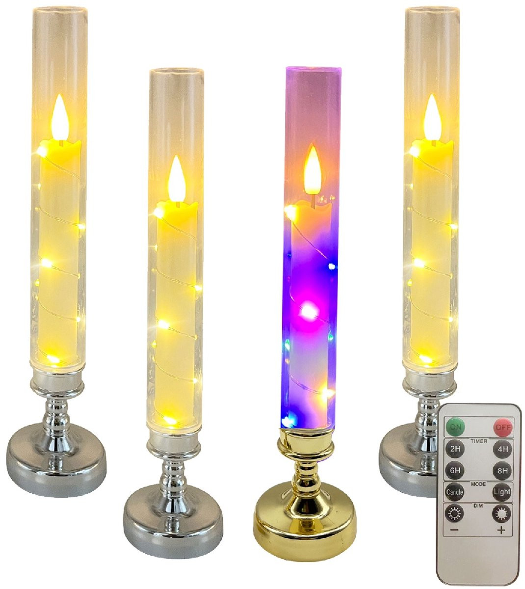 Longziming LED Kaarsen Set van 4 met Afstandsbediening en Timer - Flikkerend Kaarslicht op Standaard - Zilver