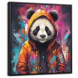 LEINWAND Bilder mit Rahmen - Panda - Jacke - Graffiti - Orange - 50x50