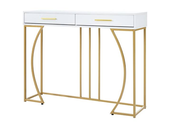 Table console blanche et structure couleur dorée avec 2 tiroirs