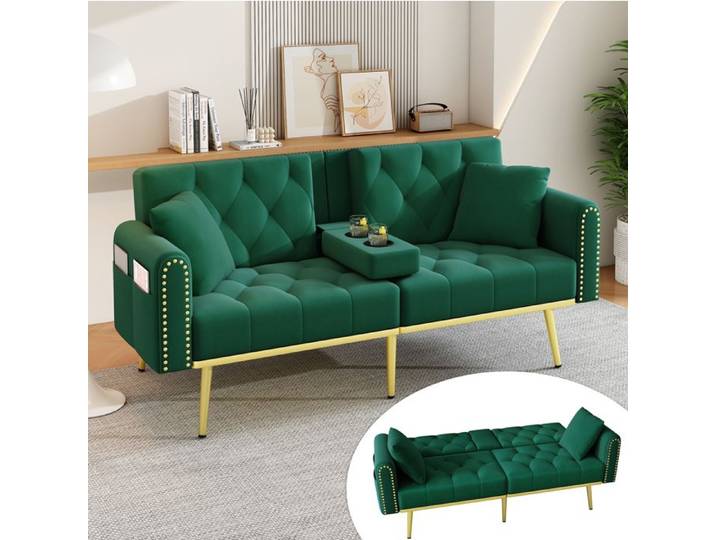 ROVRYN Canape convertible 2/3 places en velours vert avec dossier reglable 3 positions et porte-gobelet
