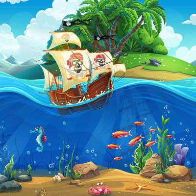 Fototapete PAPERMOON "PIRATENSCHIFFE-PALMEN FISCHE MEER ABSTRAKT DESIGN DEKO", bunt, B:4,5m L:2,8m, Vlies, Tapeten