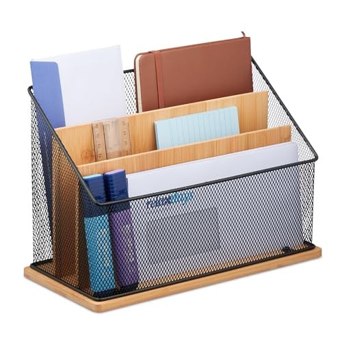 Relaxdays brievenbak met 3 vakken, bamboe en metaal, natuur/zwart, H 20 x B 29 x D 14 cm