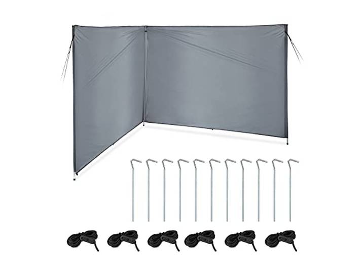 Relaxdays Windschutz, Sichtschutz Camping & Strand, HxB: 1,5 x 4 m, Stahlstangen, Polyester, mit Heringen & Seilen, grau