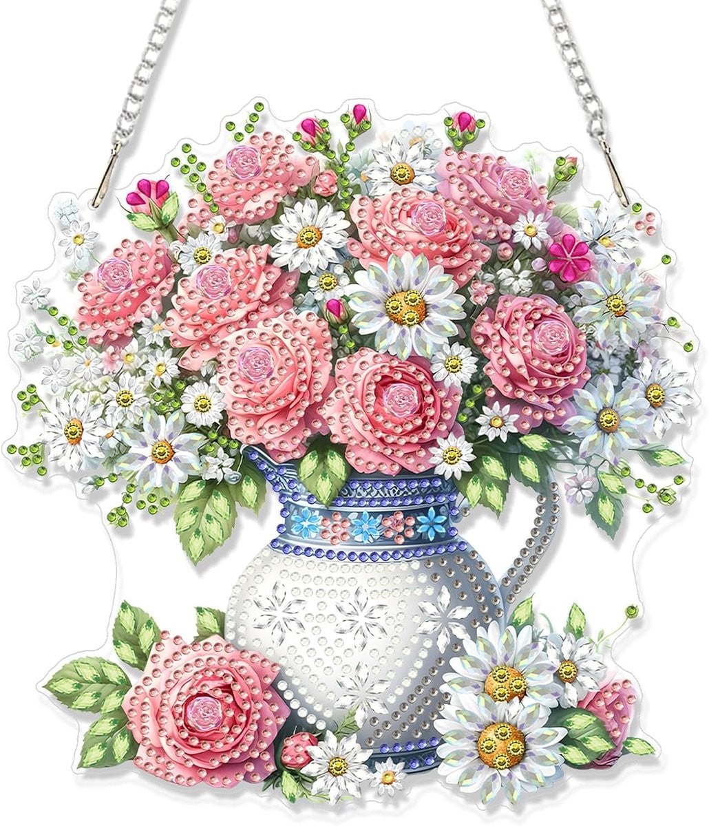 Diamantschilderij roze rozen in vaas - DIY acryl edelsteen art decoratie voor volwassenen