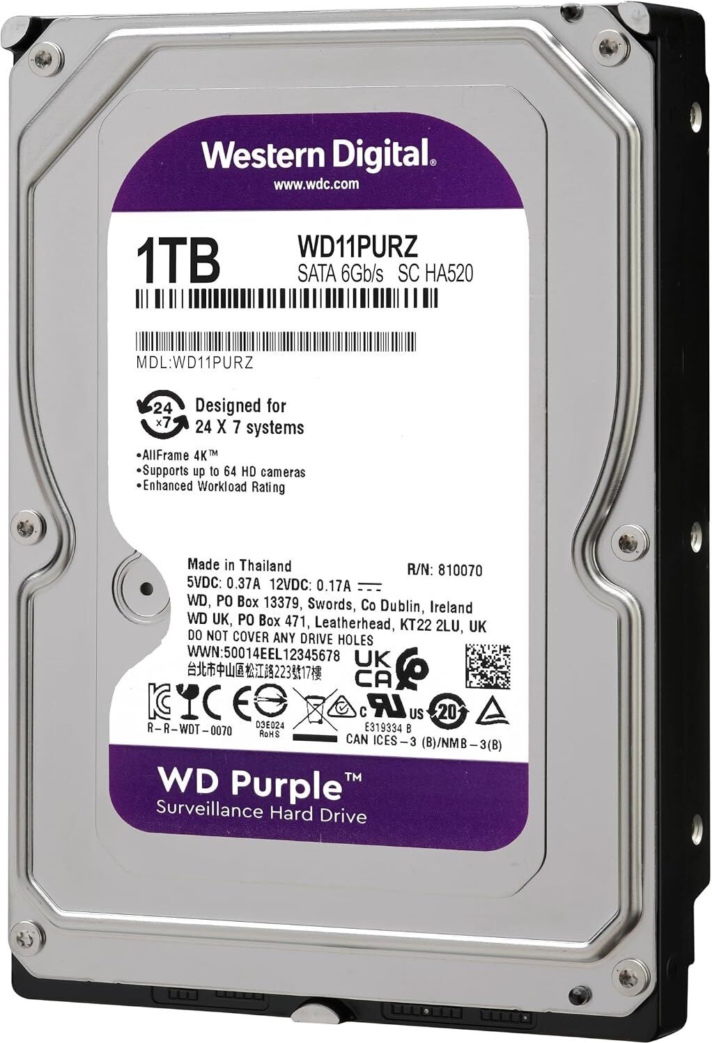 Western Digital Purple 1TB Surveillance 3.5 Inch SATA 6 Gb/s Hard Disk Drive with Allframe 4K Technology - 180TB/yr, 64MB Cache, 5400rpm - WD10PURZ