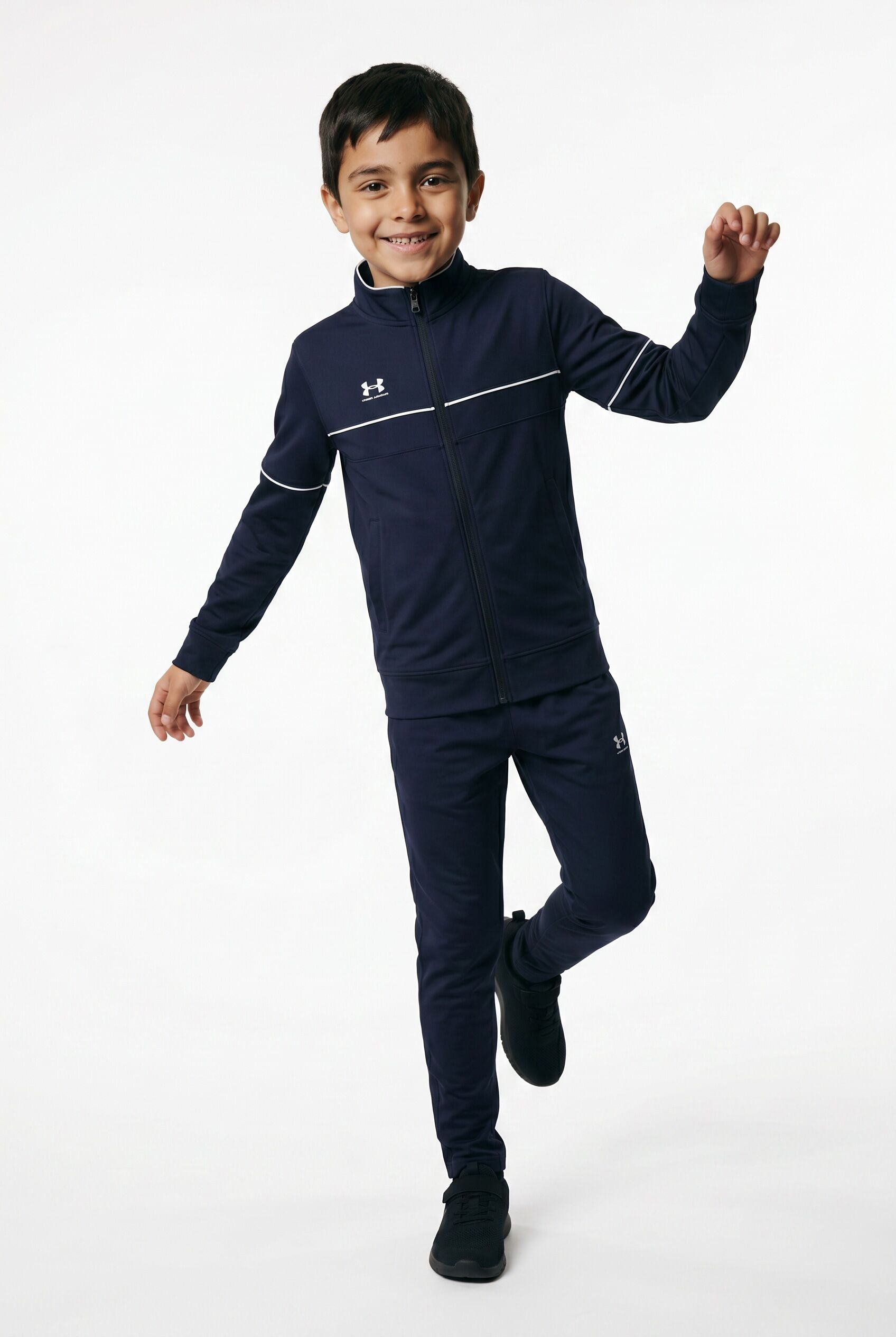 Trainingsanzug UNDER ARMOUR, Jungen, Gr. XS, weiss (midnight navy,, weiß), Obermaterial: 100% Polyester, Sportanzüge Trainingsanzug, einteiliges Design, leichtes Material, aus Polyester midnight navy,, weiß XS