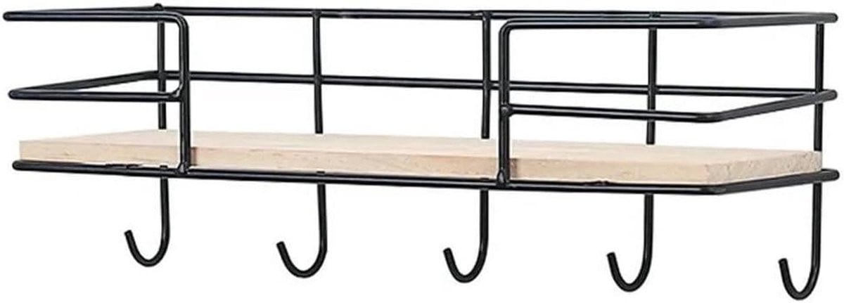Wandkapstok met opbergmand in zwart ijzer en hout voor jouw gang, slaapkamer of werkkamer