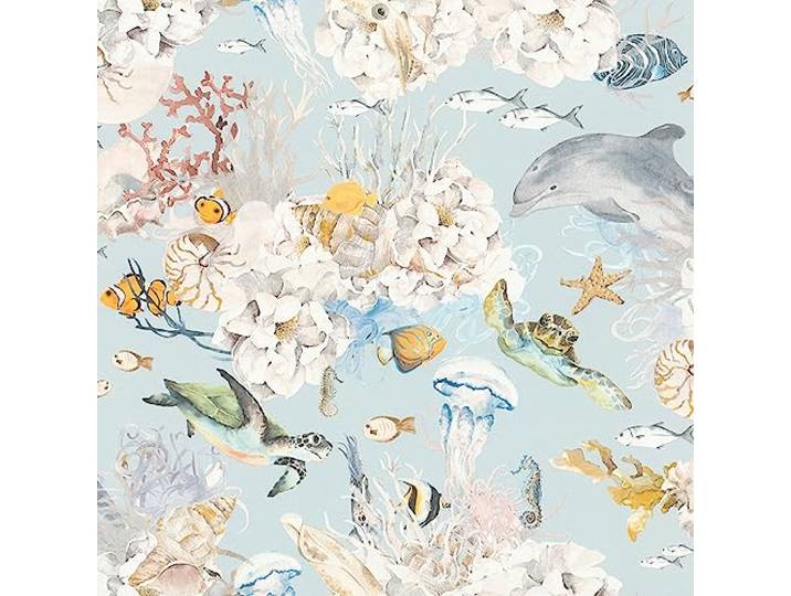 Rasch Tapete 301328 - Hellblaue Vliestapete mit bunter Unterwasserwelt und Fischen; Bunte Kinderzimmer-Tapete - 10,05m x 0,53m (LxB)