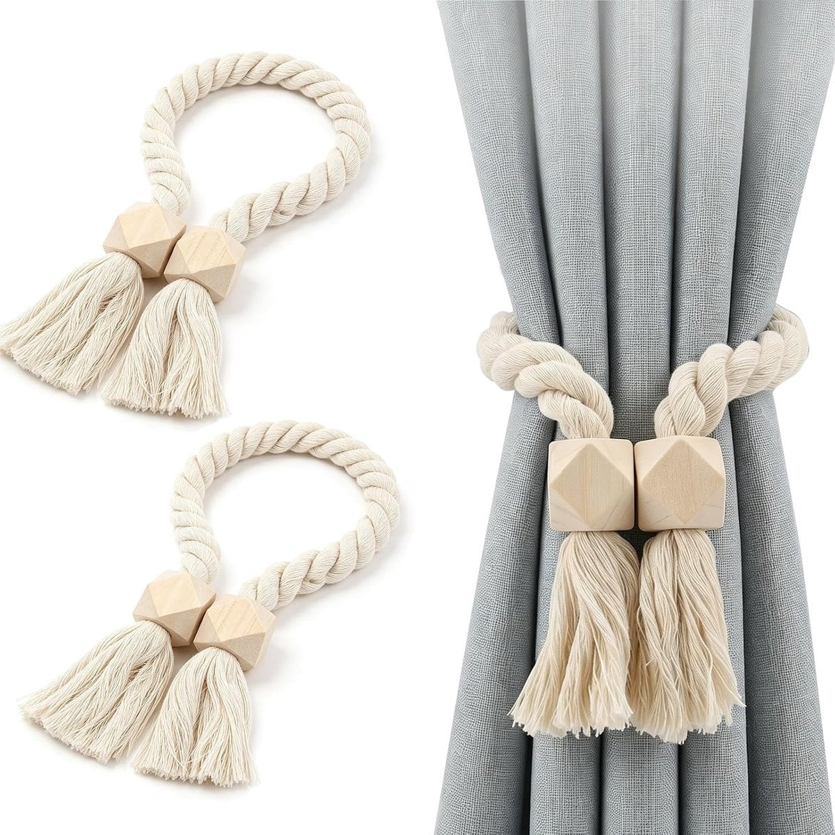 Set van 2 handgemaakte magnetische gordijnhouders met boho ontwerp van katoen en hout