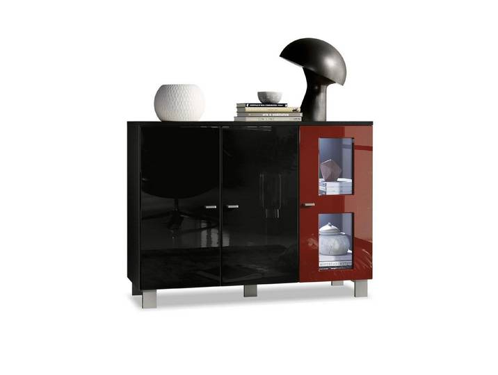 Vladon Sideboard Denjo (Kommode, mit 3 Türen), Schwarz matt&glänzend/Bordeaux glänzend mit Beleuchtung (107x81x35 cm)