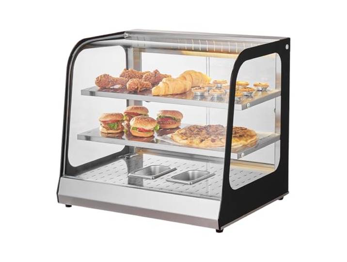 VEVOR 2-traps commerciële voedselwarmer, 850 W voedselverwarmer met gehard glas en stoomverwarming, temperatuurregeling van 30 °C tot 85 °C, inhoud 111 l voor hamburgers, pizza, brood