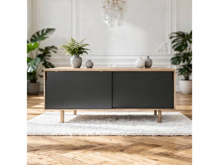 Buffet enfilade manguier 2 portes coulissantes naturel et noir Ha