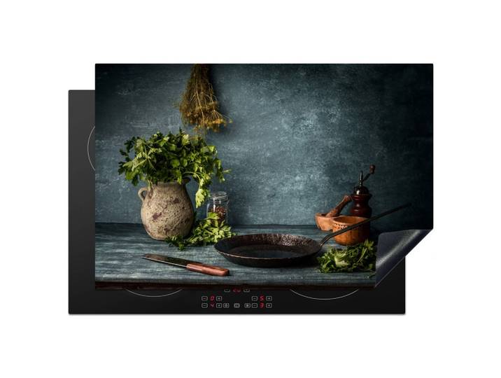 HERDABDECKPLATTE Kräuter - Gewürze - Pfanne - Messer - Grau - Rustikal Induktionsmatte 77x51 cm