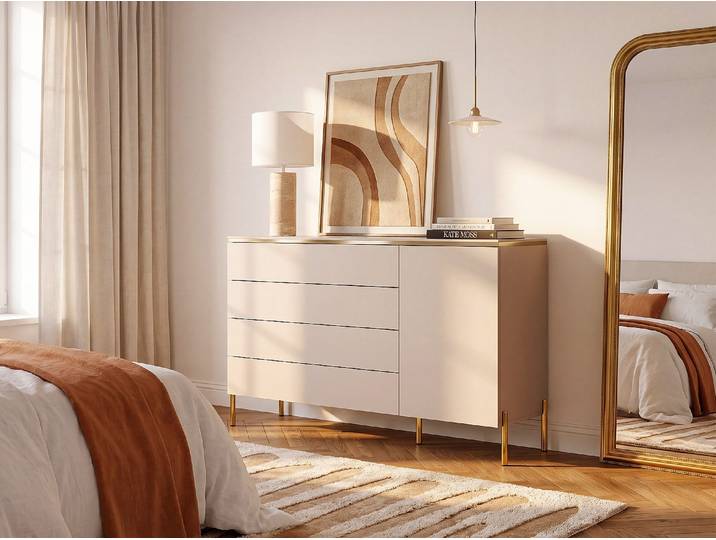 Kommode mit 4 Schubladen & 1 Tür - Beige & Goldfarben - VUKIA