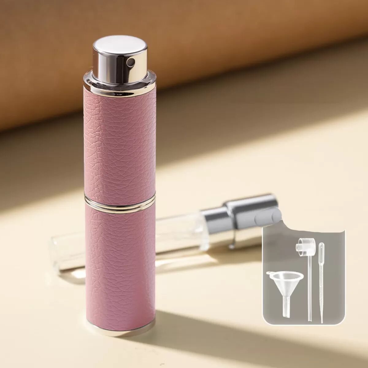 INF 8 ml Reiseparfümzerstäuber – Nachfüllbare, tragbare Sprühflasche aus Leder mit Drehverschluss und feinem Nebel Rosa