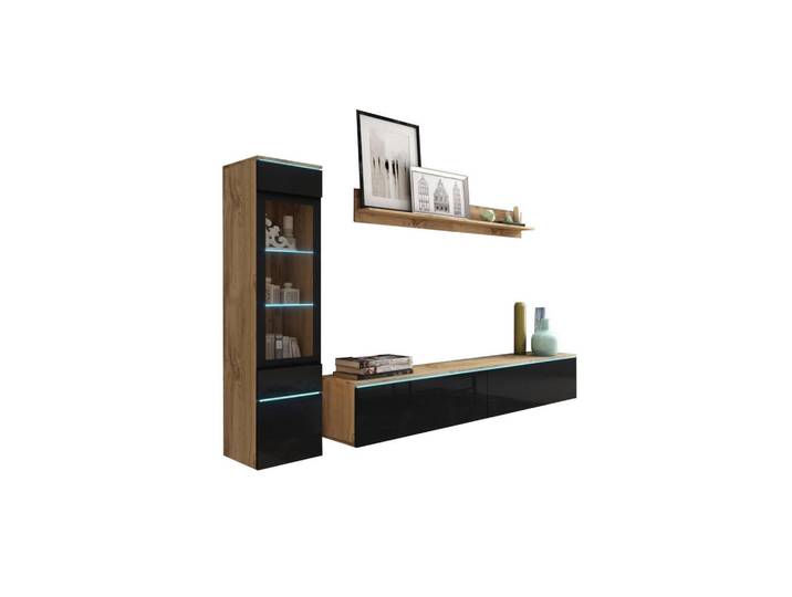 Feldmann-Wohnen Wohnwand Vera Eiche Wotan / schwarz Hochglanz 3-teilig, Braun, Schwarz Hochglanz, Rechteckig, 210x130x33 cm, Wohnzimmer, Wohnwände