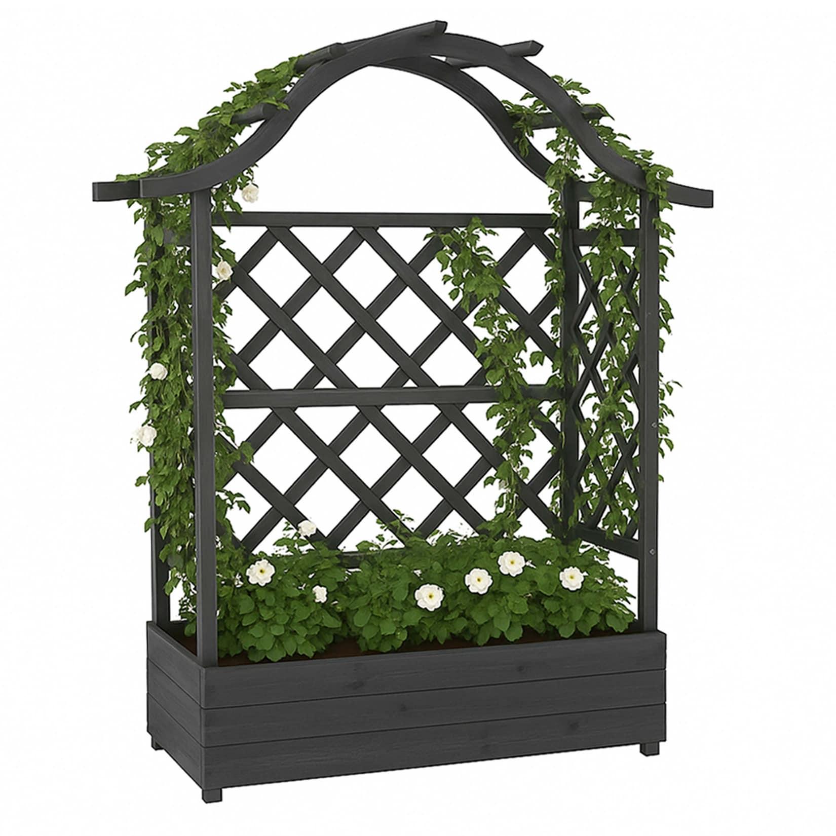 Hochbeet MCW-P66, Pflanz-/Blumenkasten Pflanzkübel Rankgitter Rankhilfe Spalier Holz MVG 138x110x44cm ~ anthrazit-grau
