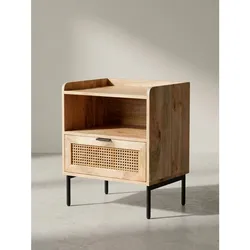 Nachttisch – Mango Massivholz/Rattan, 50x60x40 cm, 1 Schublade, Wiener Geflecht