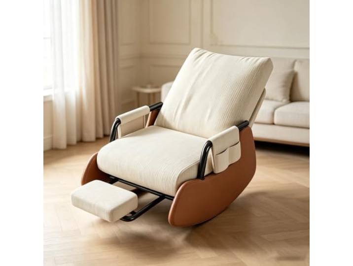 Ergonomischer Ruhesessel mit Integrierter Fußablage Sanfte Schaukelbewegung kombiniert mit integrierter Fußablage für ausgewogenen Sitzkomfort.