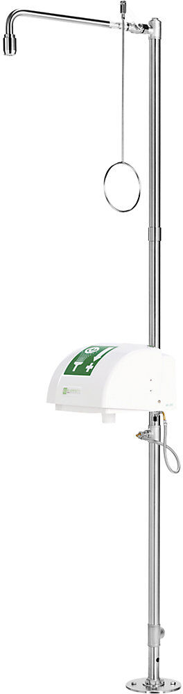 Körper-Notdusche PremiumLine, mit Augen-/Gesichtsdusche, Auffangbecken und Abdeckung, für Bodenmontage, Edelstahl B-SAFETY