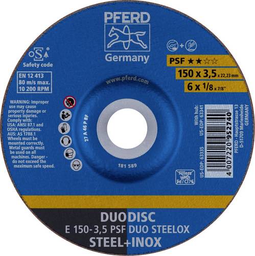PFERD TOOLS 62015420 E 150-3,5 PSF DUO STEELOX Schruppscheibe gekröpft Durchmesser 150mm Bohrungs-Ø 22.23mm Edelstahl, Stahl