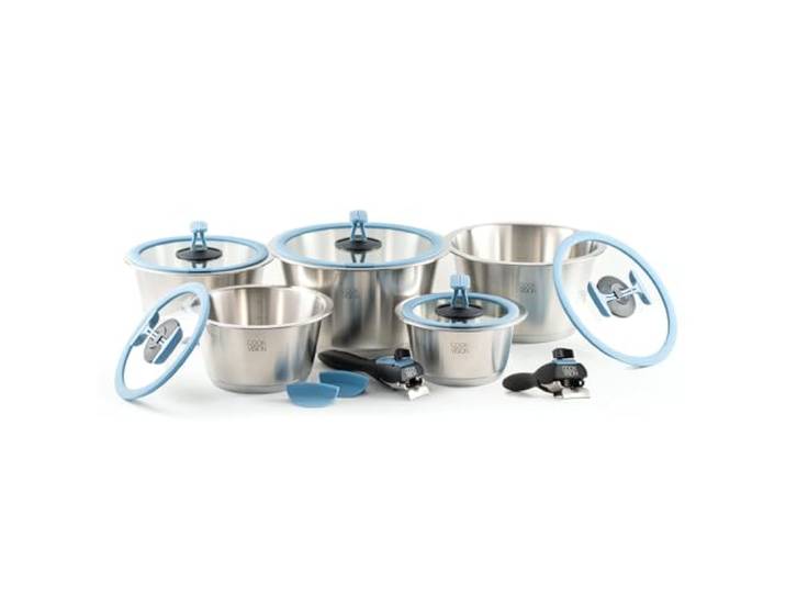 cookvision nesto stapelbares Topfset 14-tlg. Blau, 5 Edelstahltöpfe induktions-, backofen- und spülmaschinengeeignet, Set mit 5 Glasdeckeln, 2 abnehmbare Griffe, für Paare, Camping, Reisen