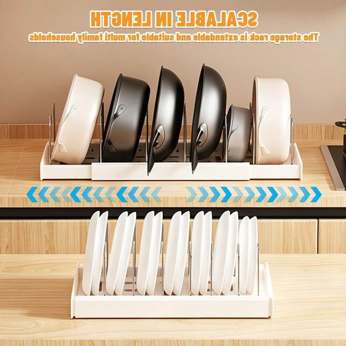 Verstelbare pannendekselhouder en keukenorganizer met 9 verdelers voor optimale ruimtebesparing