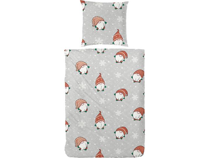 Bettwäsche PRIMERA Gnome , grau, weiß, rot, B/L: 155cm x 220cm, 1 Stk., 1 Stk., Feinbiber, B/L: 80cm x 80cm, 2, Feinbiber, Obermaterial: 100% Baumwolle, Bettwäsche, Bettwäsche, 100 % Baumwolle Standard 100 nach Öko-Tex