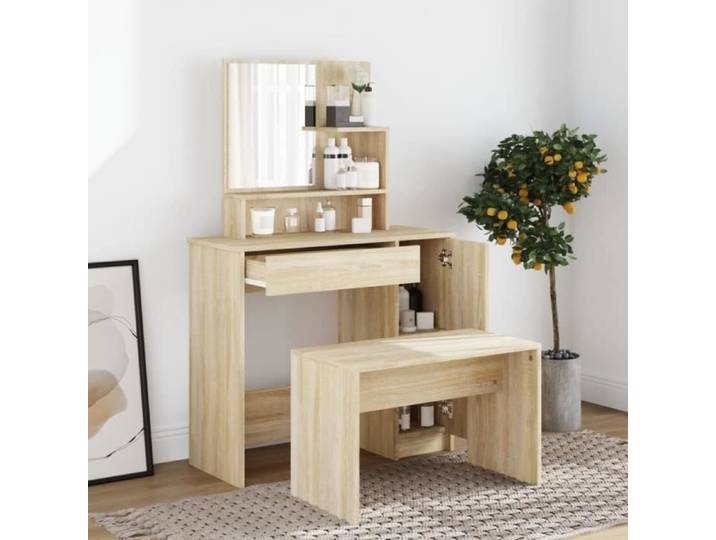 Coiffeuse - CUQUE - Chêne sonoma - 86 5x35x136 cm - 1 tiroir - Miroir inclus