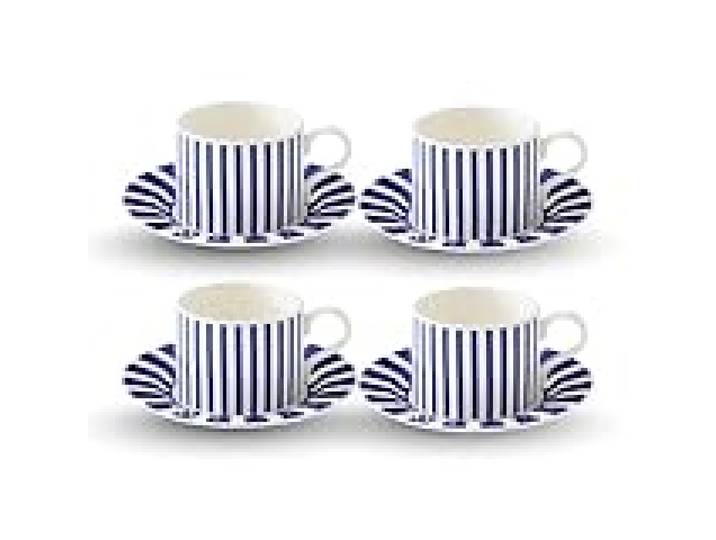 Spode x Steccato Lot de 4 tasses à thé et soucoupes (16 cm, 255,1 g) – Service à thé en faïence à rayures bleues et blanches pour service à thé quotidien, vaisselle contemporaine