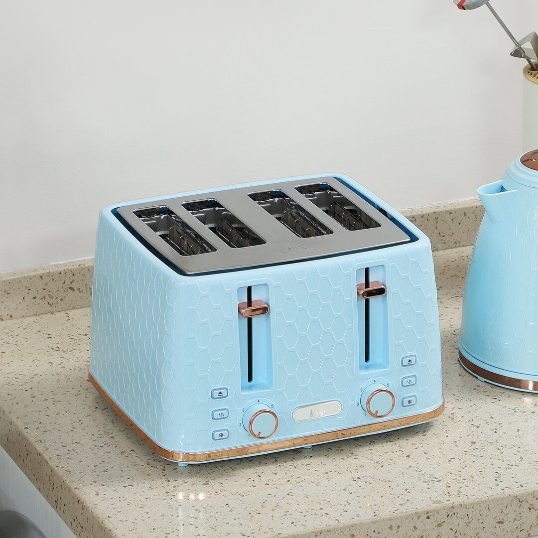 HOMCOM Kettle and Toaster Set with Defrost Reheat and Crumb Tray Light Blue 4 - Slice