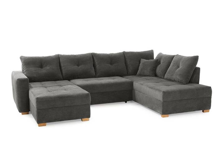Wohnlandschaft U-Sofa groß Schlaffunktion Couch Bettkasten Cord Dunkelgrau / 15220